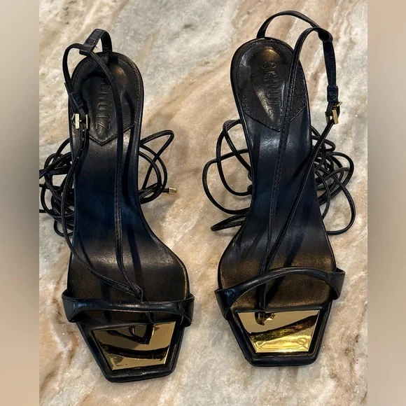 Women’s SCHUTZ Vikki black leather ankle tie heels- Size 9.5 - Picture 3 of 6